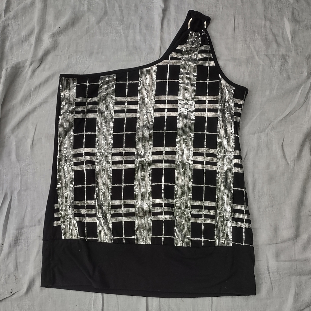 One shoulder sequin plaid top 2x